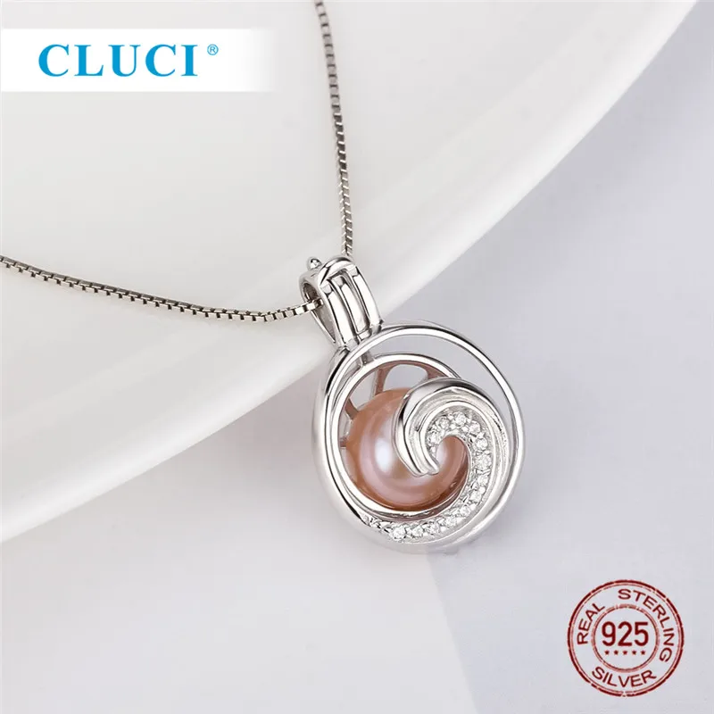 CLUCI 925 Sterling Silver Charms White Cubic Zircon Wave Shape Pearl Cage Locket Pendant for Necklace For Women SC376SB