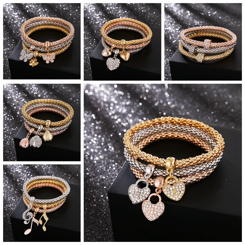 3 pz/set bracciale in cristallo a farfalla e bracciale con chiusura a cuore Color oro ciondolo con nota musicale bracciale con strass femminile