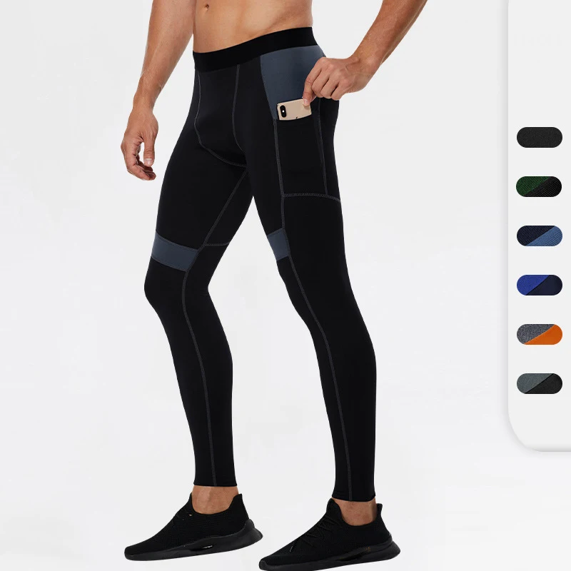 Men Patchwork Compression Running Tights Trousers Phone Pocket Elastic Leggings Fitness Gym Bodybuilding Long Pants Custom Logo