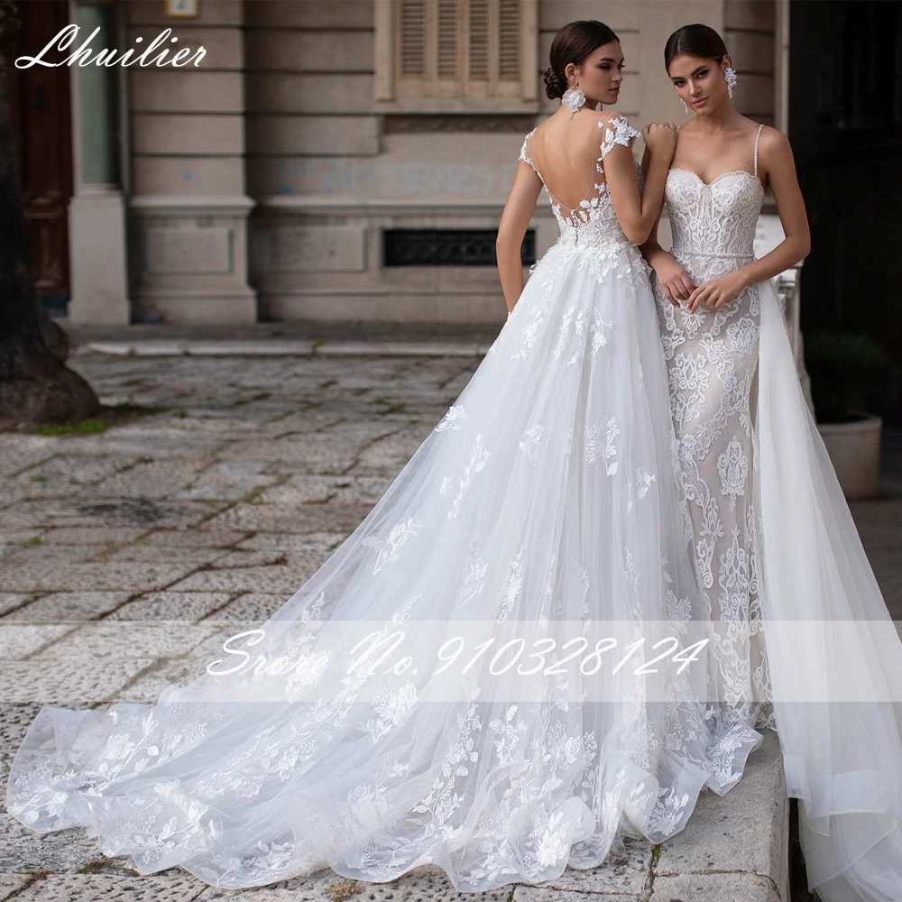 Lhuilier-vestidos de novia elegantes con Apliques de encaje, sirena, manga corta, tul, espalda en V, con tren desmontable