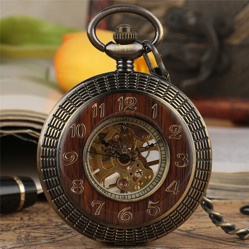 Luxury Wood Bronze Skeleton Mechanical Hand Winding Pocket Watch Roman Numerals Display Dial Half Hunter Pendant Chain Gift