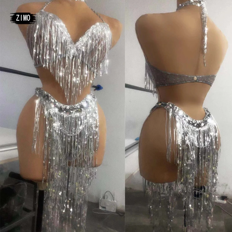 

Shiny Silver Sequins Tassel Bikini Set Women Sexy Backless Bra Shorts Nightclub Dj Singer Bar Stage Show Pole Dance Costume