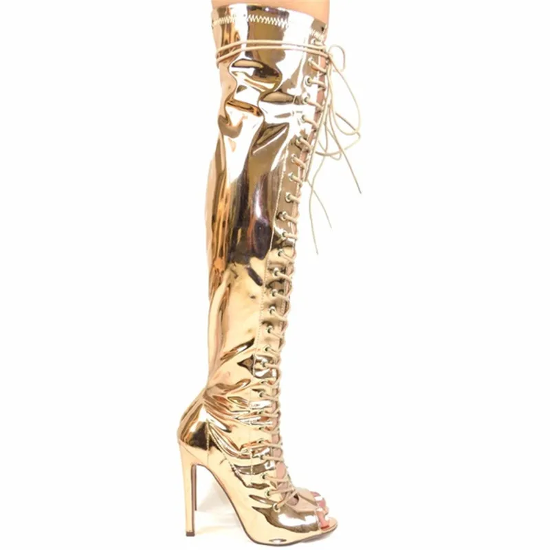 Fashion Gold Lace Up Over The Knee Boots Ladies High Heels Open Toe Strip Shoes Summer Cutouts Gladiator Long Sandals Booties