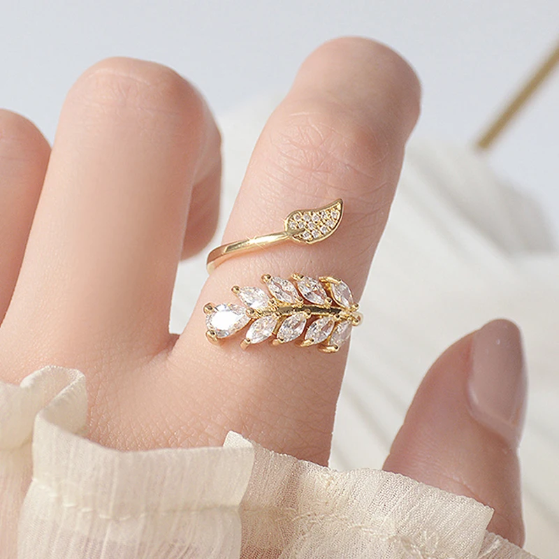 Leaf wheat ear exquisite copper inlaid zircon 14K real gold plating ring opening adjustable index finger ring fashion jewelry