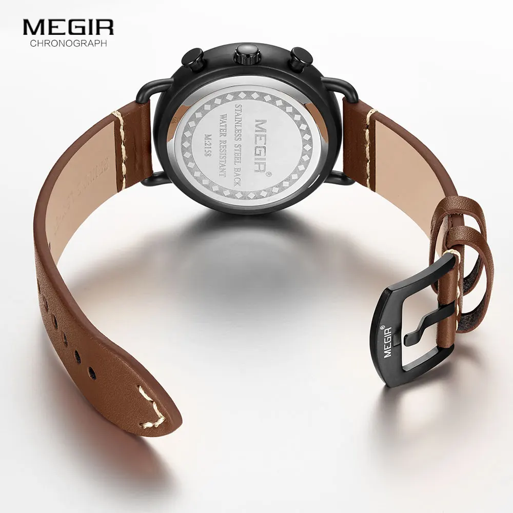 MEGIR Men Watches 2020 Luxury Top Brand Leather Strap Chronograph Quartz Watch Man Fashion Military Luminous Wristwatch 2158