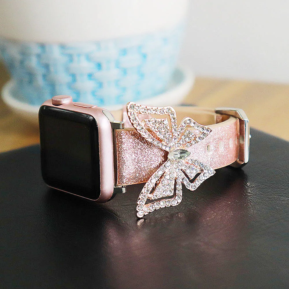 Glitter Butterfly Leather Strap For Apple Watch Band Series 1 2 3 4 5 6 SE Diamond Bracelet For 38 40 42 44mm iWatch Wristband