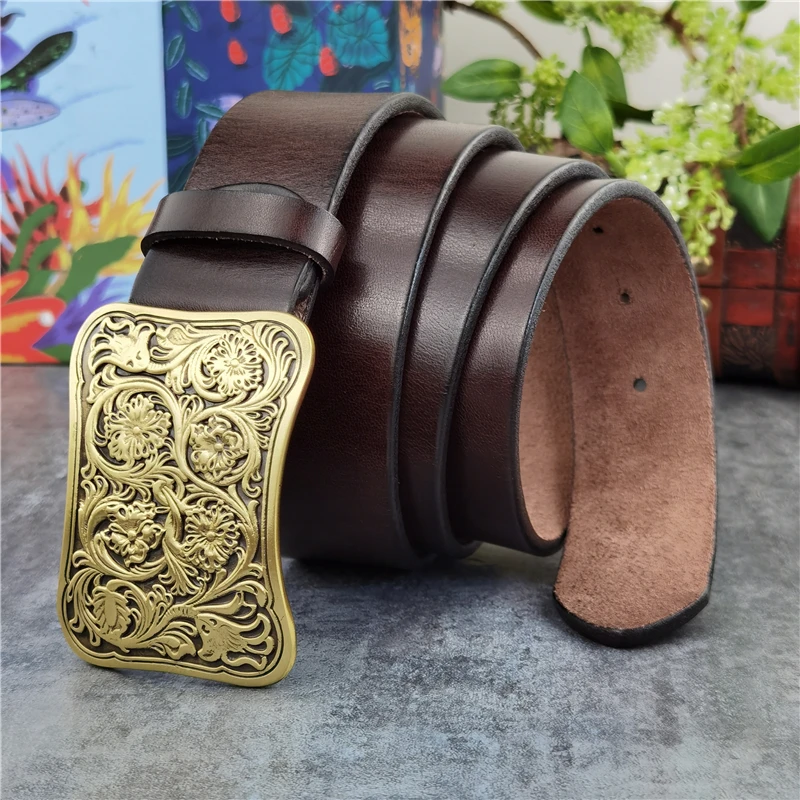 Luxury Carving Flower Brass Belt Buckle Men\'s Belt Ceinture Top Thick Geunine Leather Belt For Men Wide Trouser Belt Men MBT0031