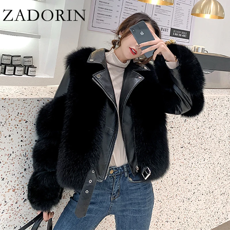 ZADORIN Top Fashion Luxury FAUX Fox Fur Coat Motorcycle PU Leather Turn Down Collar Warm Faux Fur Jacket Women Autumn Winter New