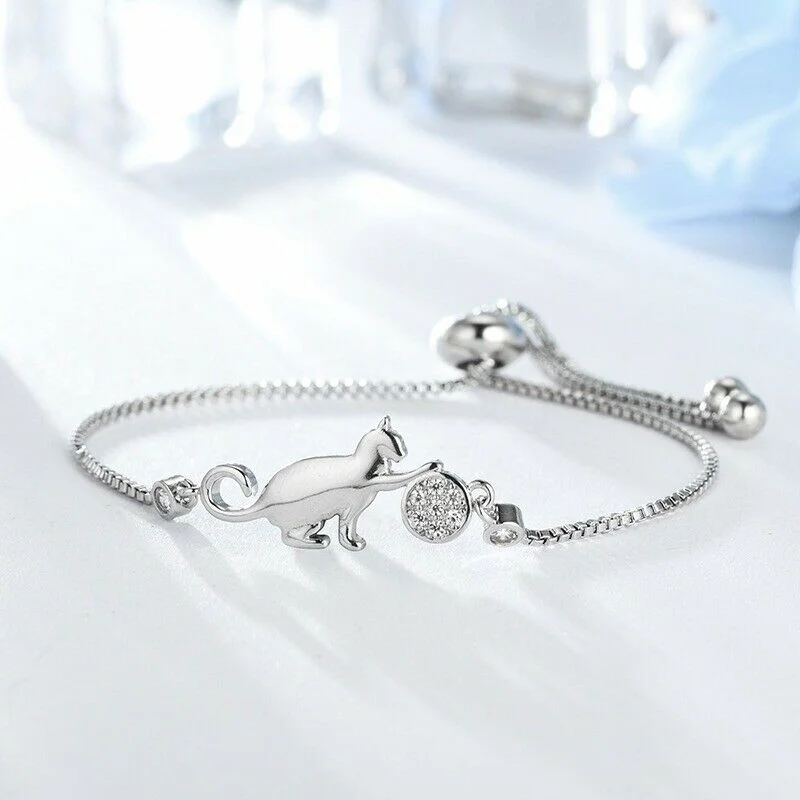 New Trendy Zircon Crystal Cat and Ball Charm Bracelets for Women Fashion Jewelry