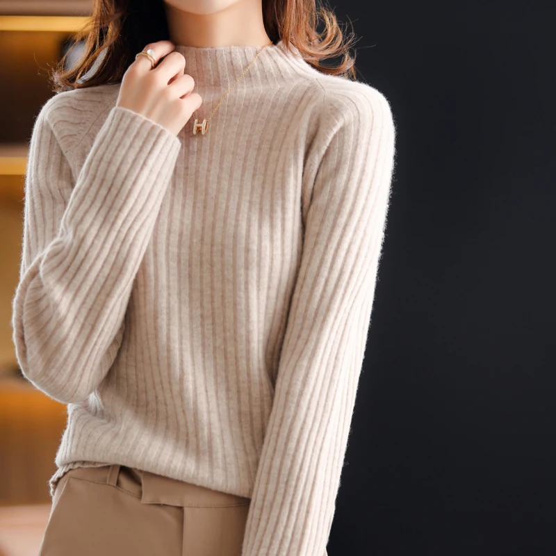 

Женский кашемировый свитер, утепленный пуловер с воротником-хомутом и полосками, вязаный свитер из 100-ной шерсти, Осень-зима 21