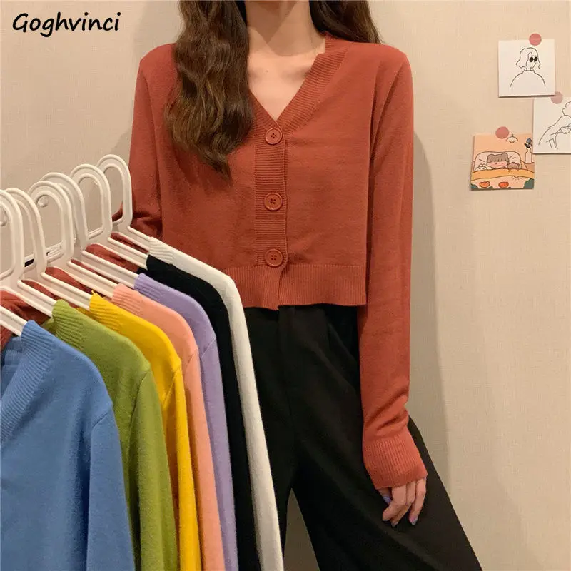 

9 Colors Cardigan Women Long Sleeve Cropped Tops Loose Simple All-match V-neck Knitted Sweaters Jersey Mujer Korean Fashion Soft