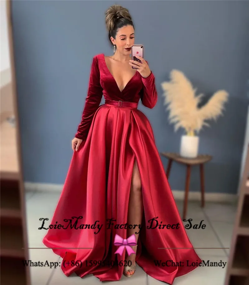 Deep V-neck Split Prom Dresses With Pocket 2022 Formal Long Sleeves Evening Party Gowns For Women Vestidos de noche