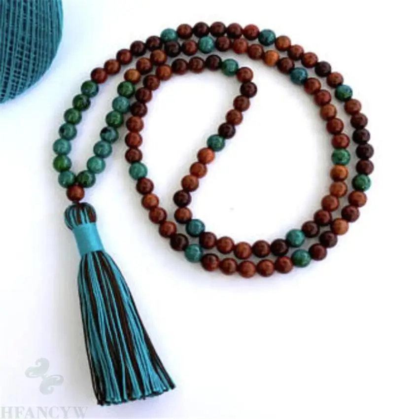 8Mm Cendana Malachite Gemstone Mala Kalung 108 Manik-manik Tibet Perak Buatan Tangan Berwarna Sutra Aksesoris Berdoa Energi Penyembuhan