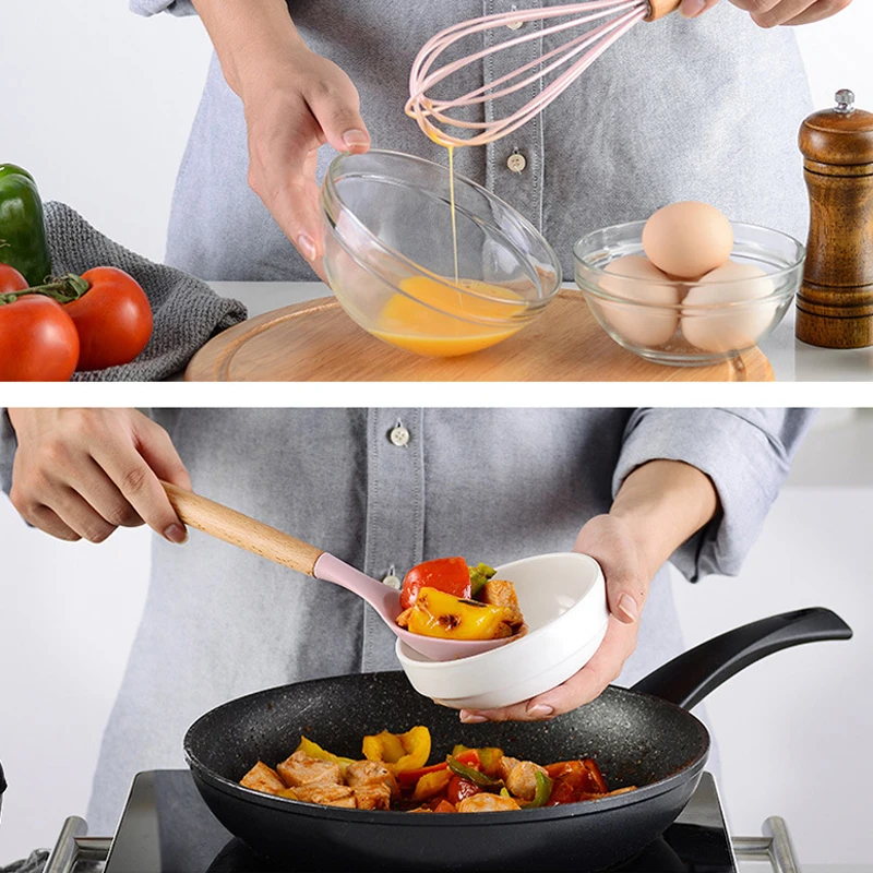 Pink Cooking Kitchenware Tool Silicone Utensils With Wooden Multifunction Handle Non-Stick Spatula Ladle Egg Beaters Shovel Set