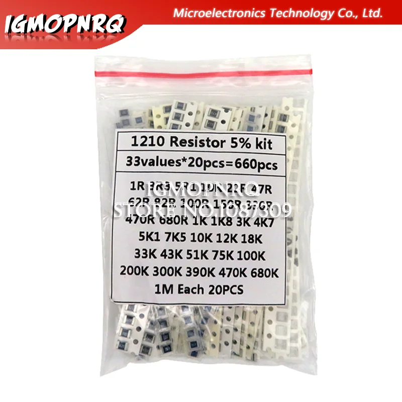 1210 SMD Resistor Kit Assorted Kit 1ohm-1M ohm hjxrhgal 5% 33valuesX 20PCS=660PCS DIY Kit