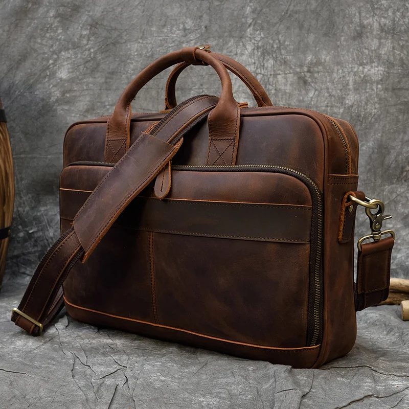 Men Briefcase Genuine Leather Laptop Bag 14 15.6" PC Doctor Lawyer Computer Bag Cowhide Male Briefcase Leather Men Business Bag