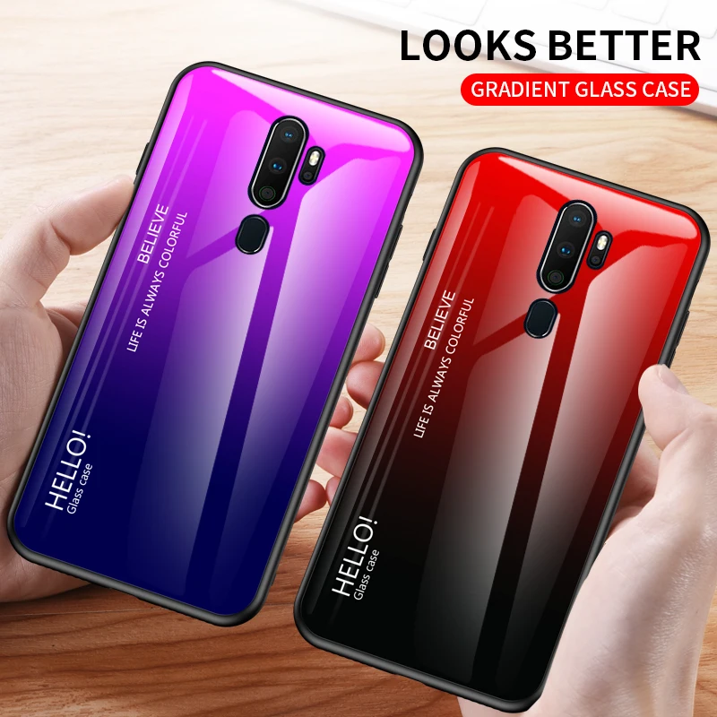 For OPPO A9 2020 Case Fashion Hard Tempered Glass Luxury Gradient Protective Back Cover case For oppo a5 2020 A11X phone shell