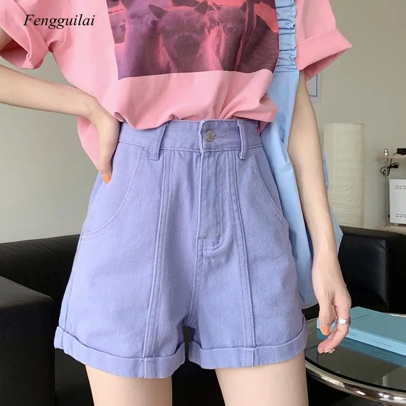 

Spring 2021 New Korean Loose Shorts Simple Style High Waist and Wide Leg Candy Color Jeans