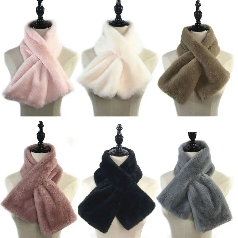 

Women Winter Thicken Plush Faux Rabbit Fur Scarf Solid Candy Color Collar Shawl Neck Warmer Shrugs Knitted Neckerchief Long Wrap