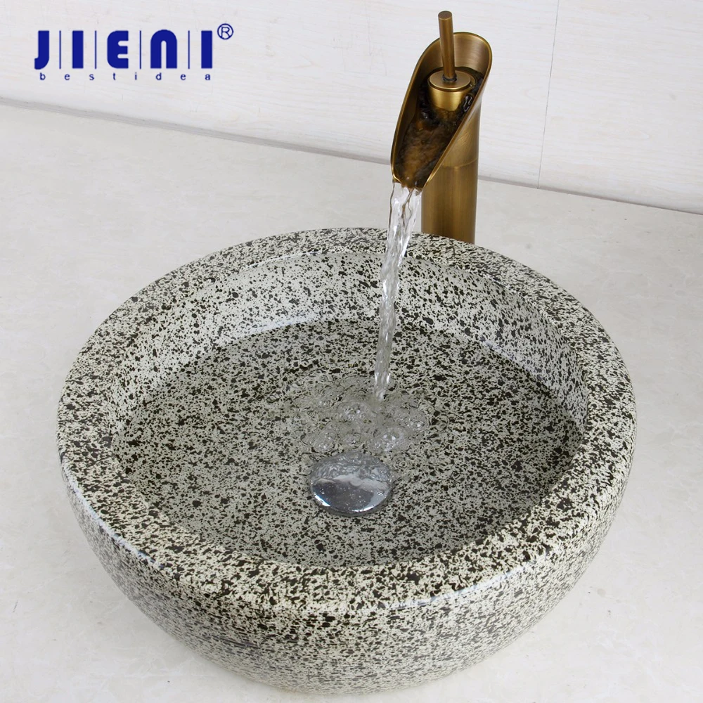 JIENI Luxury Bathroom Sink Hand Paint Washbasin Tempered Ceramic Basin Sink With Waterfall Faucet Taps Vessel Water Drain Set