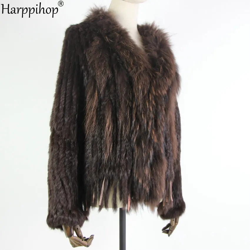 The new Genuine Knitted Women Rabbit Raccoon Fur collar Coat Jacket Trench Outwear Parka fur coats with tassels 18 color