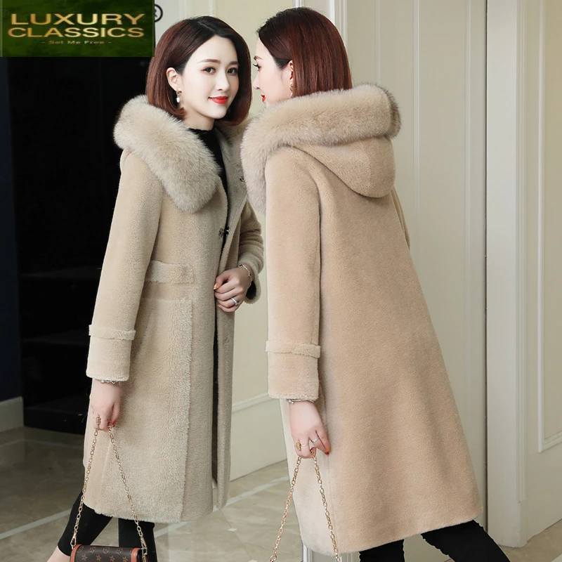 

Coat Shearing Natural Sheep Women Clothes 2021 Korean Real Fur Coat Female Jacket Large Fox Fur Hooded Jackets Hiver 1901