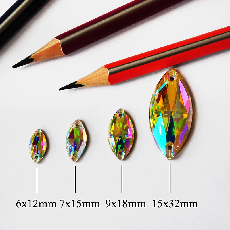 Crystal AB Aufnähbare Strasssteine mit Flacher Rückseite in Verschiedenen Größen und Formen für Kleidung, Kleider, Handarbeiten und Näharbeiten – Detail 4