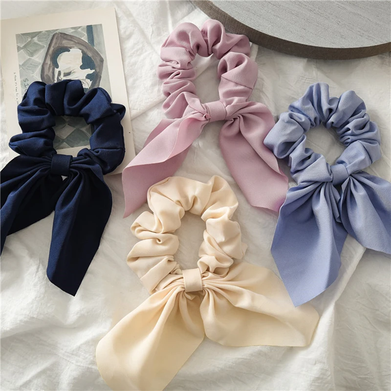 2020 New Girls Chiffon Bowknot Silk Hair Bow Scrunchies Women Ponytail Holder Hair Tie Hair Rope Rubber Bands Hair Accessories