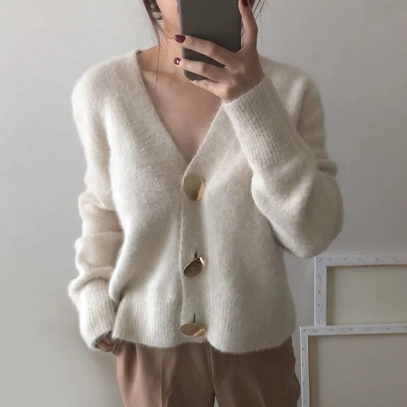 

ZAWFL 2023 Autumn Winter Fashion Women Mink Cashmere Cardigan Sweater Female V-neck Knitted Long haired mink cashmere sweater