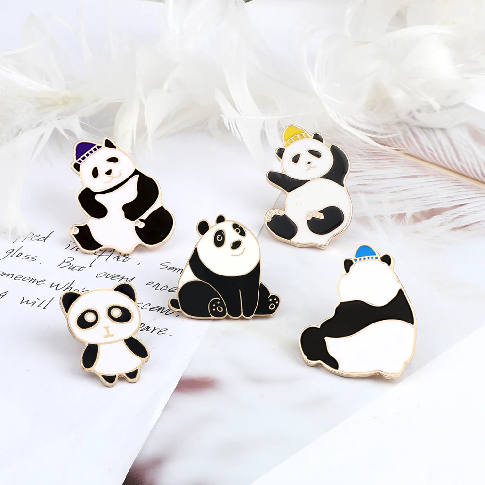 Cartoon Pandas Metal Enamel Pins Denim Shirt Collar Lapel Pin Badges Brooches Cute Funny Animals Jewelry Gifts For Friends Kids