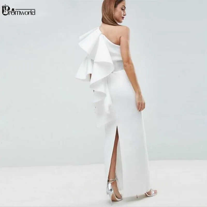 Elegant Ivory Satin Avondjurk 2020 Ruches Een Schouder Terug Split Lange Dubai Saudi Arabische Prom Dresses Formele Party Gown