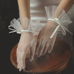 WG020 Elegant Wedding Bridal Short White Gloves Breathable Tulle Ribbon Bow Brides Bridesmaid Women Pageant Prom Handschuh