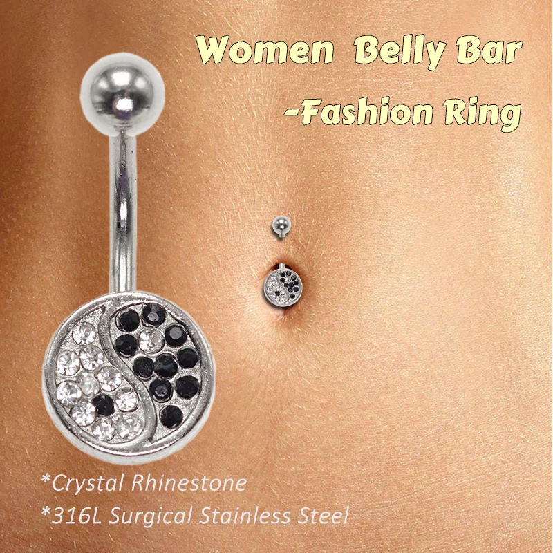 1 Pcs Yinyang-Taiji Rhinestone Belly Button Ring Navel Piercing Nombril Ombligo Bar Body Jewelry 316L Stainless Steel 14G