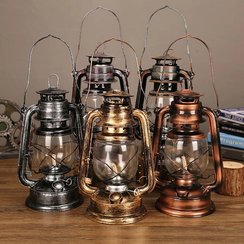 Retro Vintage LED Metal Oil Lamp Portable Lantern Kerosene Light Outdoor Camping Bar Inn Home Decoration Drop Shipping