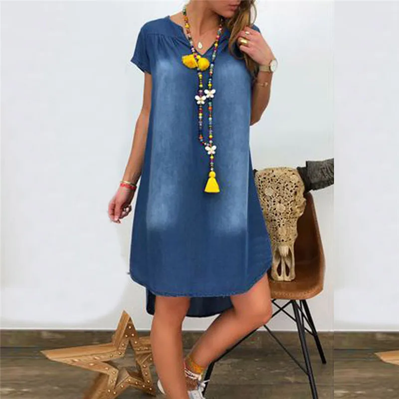 2024 Dress Women's Summer Casual Denim Long Party Dresses Short Sleeve Swing Roman Style PLUS Size S- 3XL