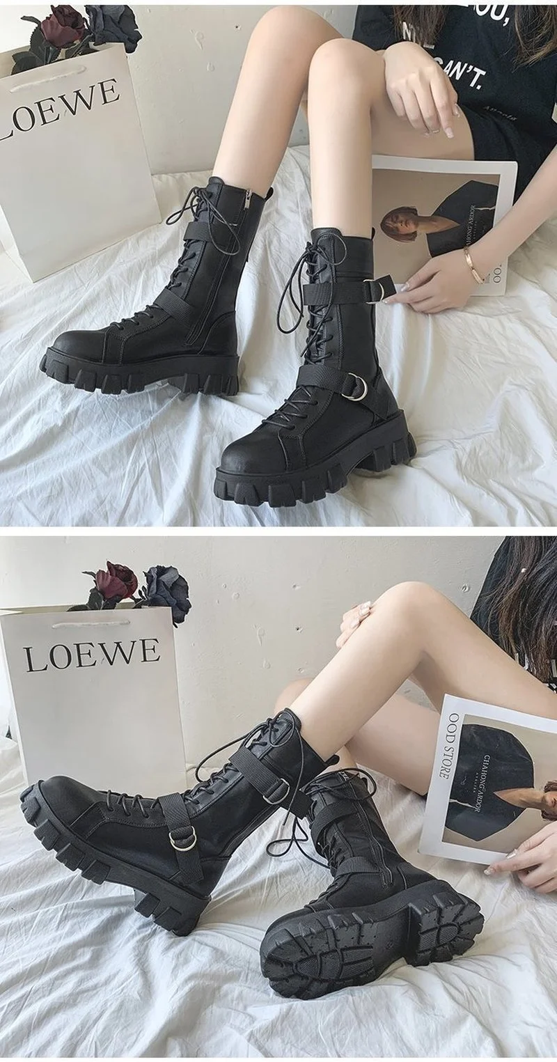 2021 Women Mid-Calf Boots Autumn Winter Punk Genuine Leather Boots Women Zipper Cross-tied Riding Boots High Heels Shoes Woman