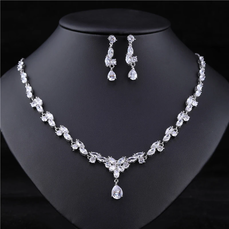 HUAMI Pendant Necklace for Girls Fine Jewelry Sets Bridal Water Drop Earrings Flower Chian Metal Silver Color Banquet Costum