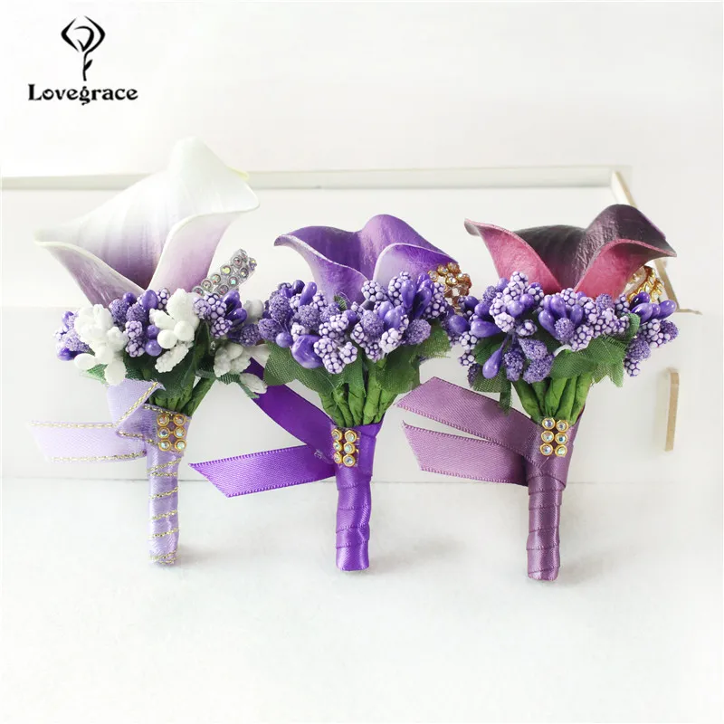 Lovegrace yaka çiceği düğün korsaj iğneler damat yaka çiceği ilik PU Calla düğün tanık korsaj çiçekler adam aksesuarları