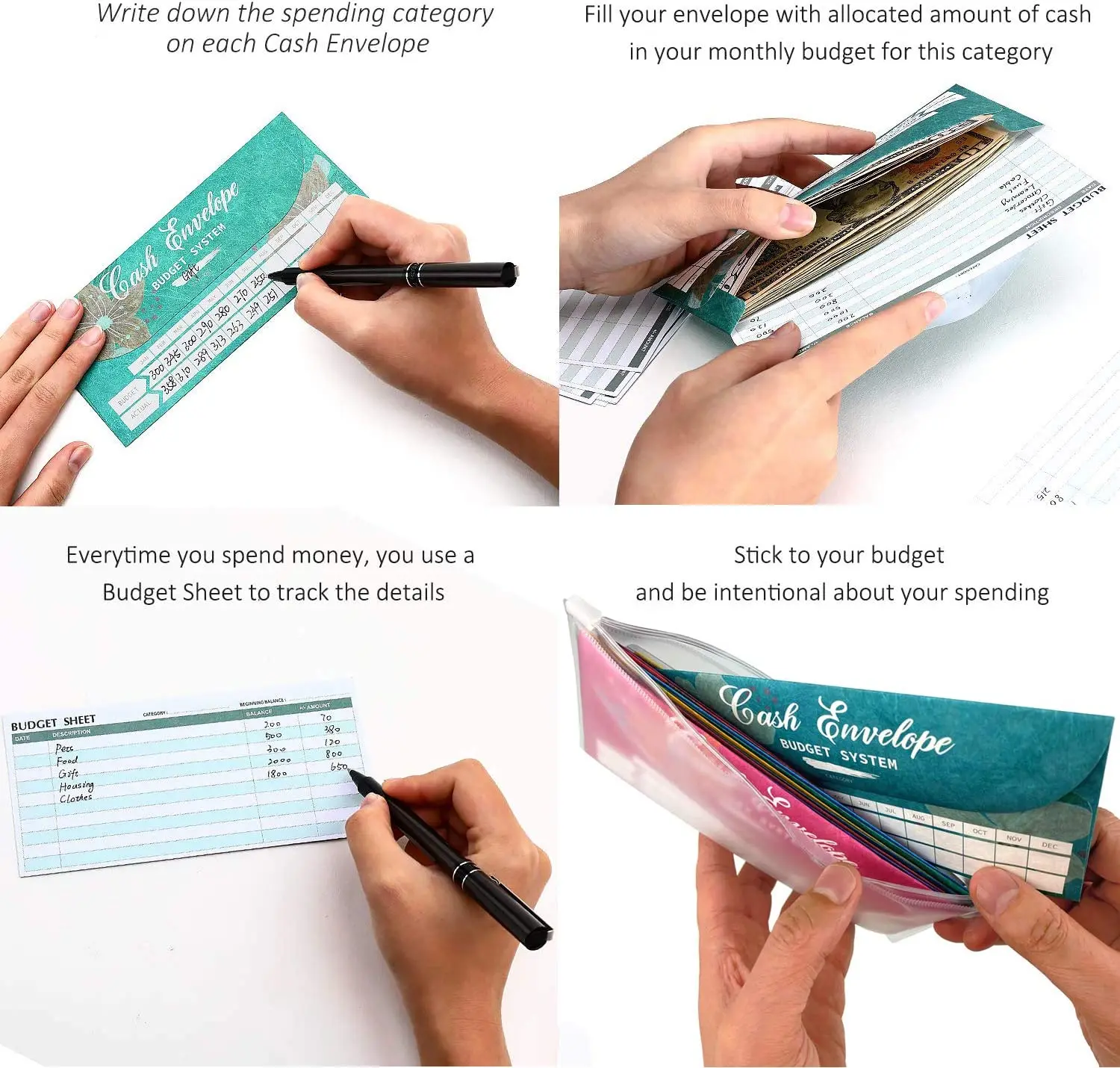 Cash Envelopes Budget System Tear & Waterproof with 12 Colors Envelopes for Money Saving,12 Expense Tracking Budget Sheets