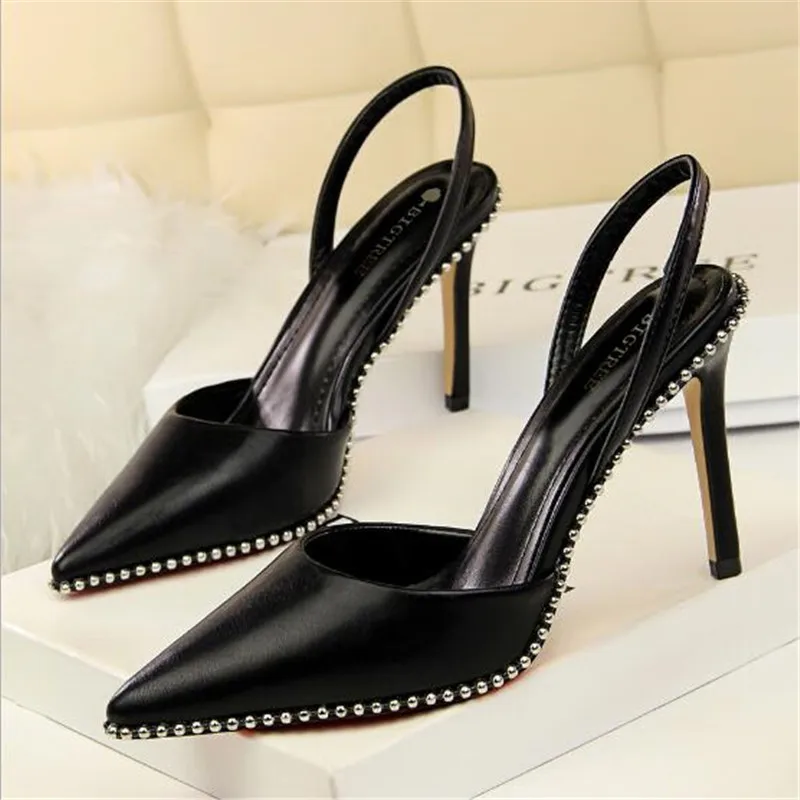 BIGTREE Shoes Rivet High Heels Woman Pumps Pu Leather Women Heels 9cm Sexy Party Shoes Black Red Apricot Wedding Shoes Female