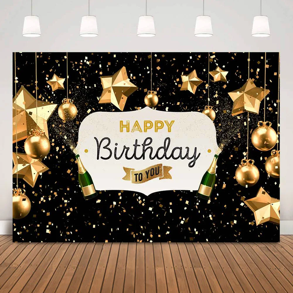 Gold Twinkle Stars Birthday Backdrop Photocall Confetti Champagne Adult Glitter Black Happy Birthday Background Decorations