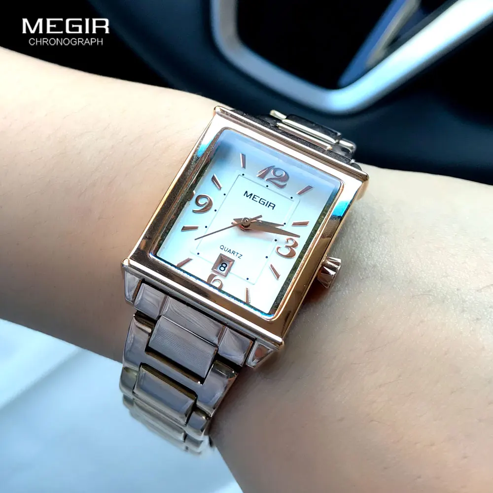 Megir Stainless Steel Bracelet Date Analogue Display Quartz Watch for Ladies Girls Luxury Simple Rose Gold Wristwatch for Women