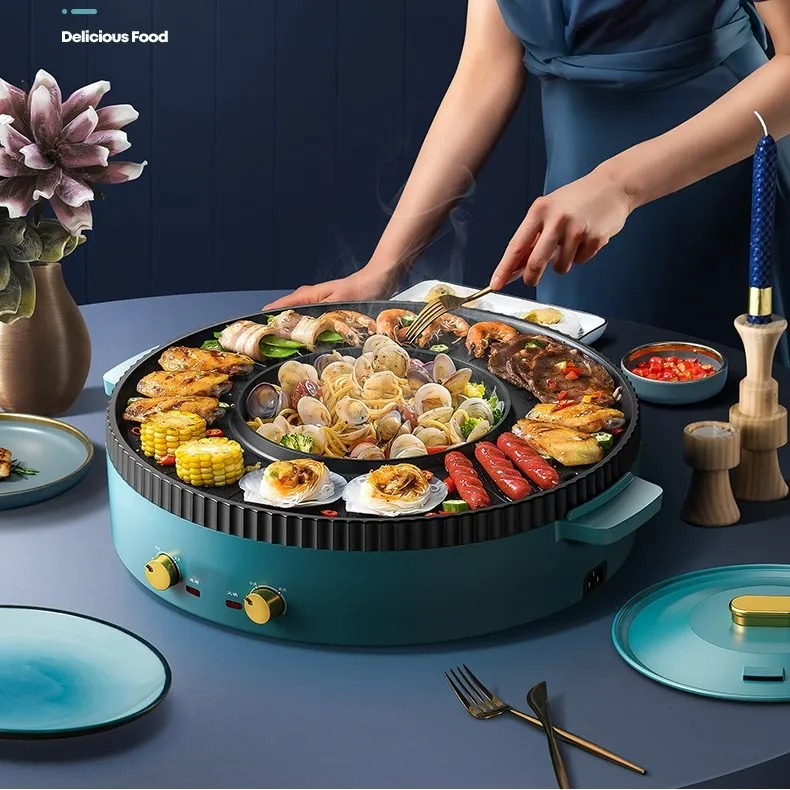 Multifunctional hot pot grilling one pot household baking tray shabu-shabu grilling frying barbecue machine