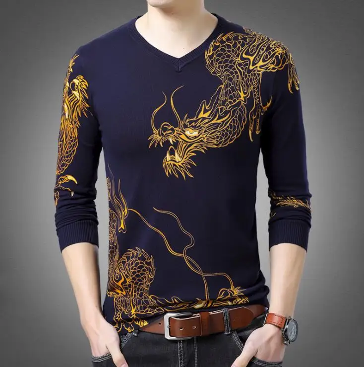 

V Neck New Long Sleeve Cotton Print Men's Dragon Tattoo Design Spring Autumn Thin knitting Sweater Shirt