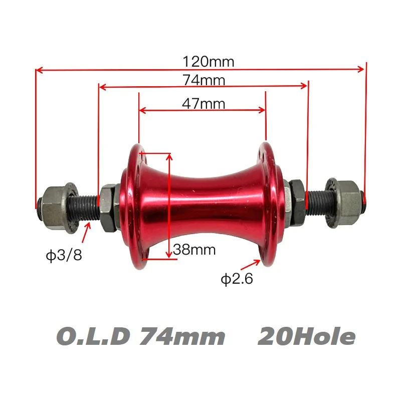 Folding Bike Front Hub 74mm 20Hole Aluminum Alloy Bead Hub Nut Fixed Locking Red 20H