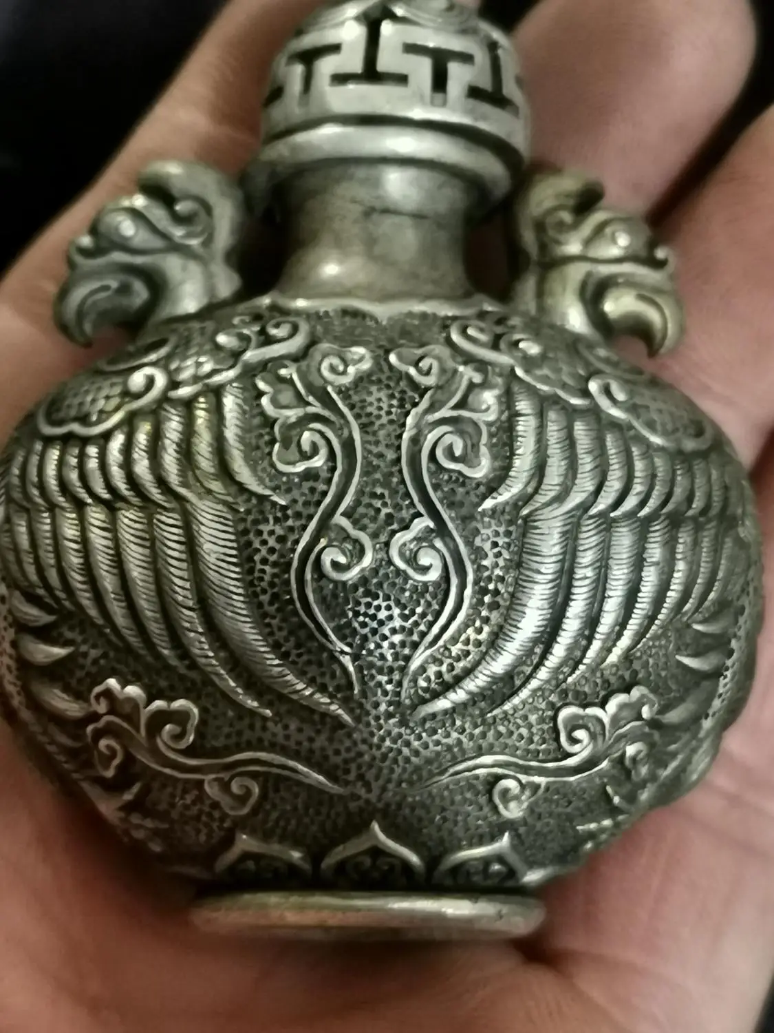 Exquisite Double Phoenix White Copper Snuff Bottle Decoration