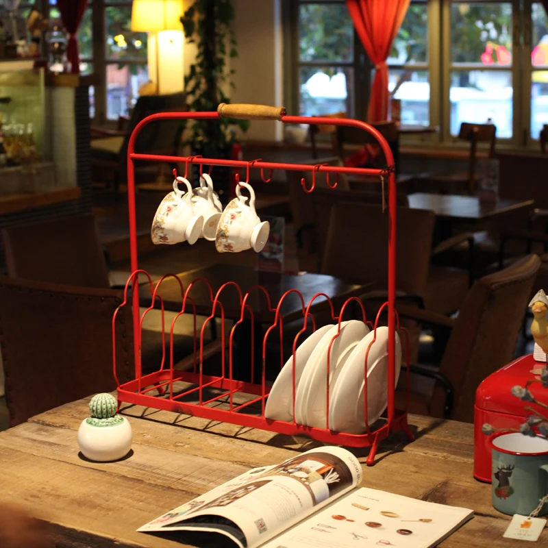 

tabletop version metal red hand paint retro rustic dish rack with cup holder