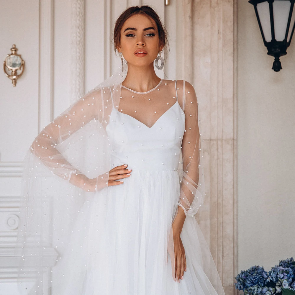 ADLN Jewel-vestido de novia de manga larga, traje de novia de princesa con perlas, con cola hinchada, para barrer