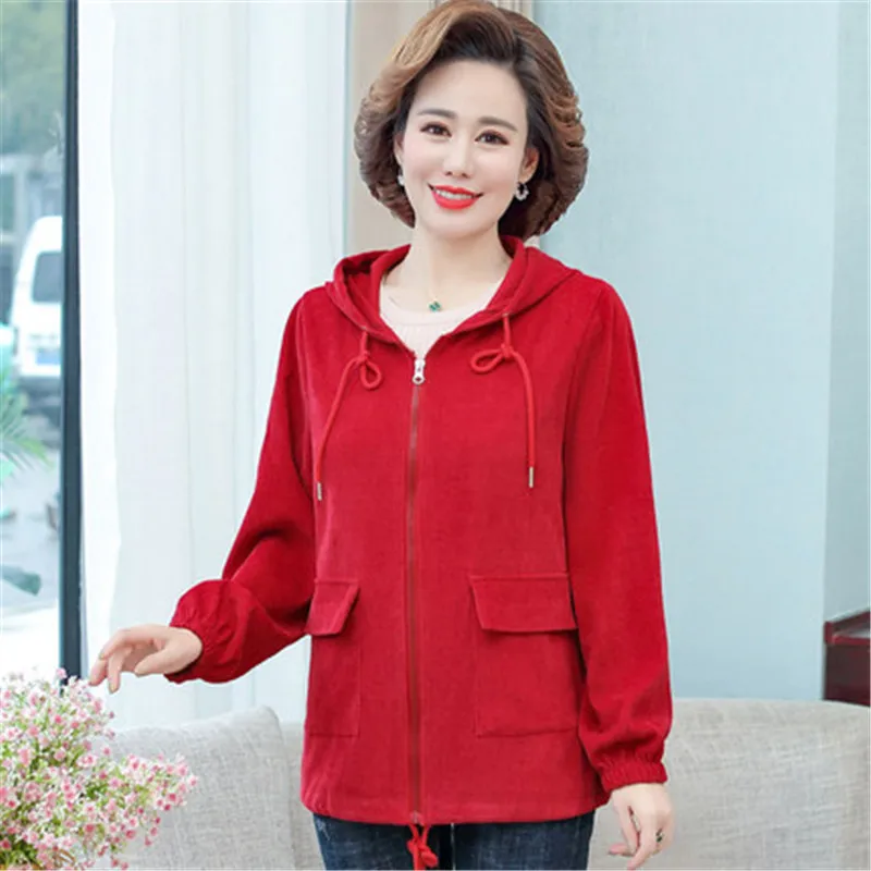 

Corduroy Coat Middle-aged and Elderly Women Hooded Coat New Spring Autumn Solid color Casual Jacket Female Tops A715