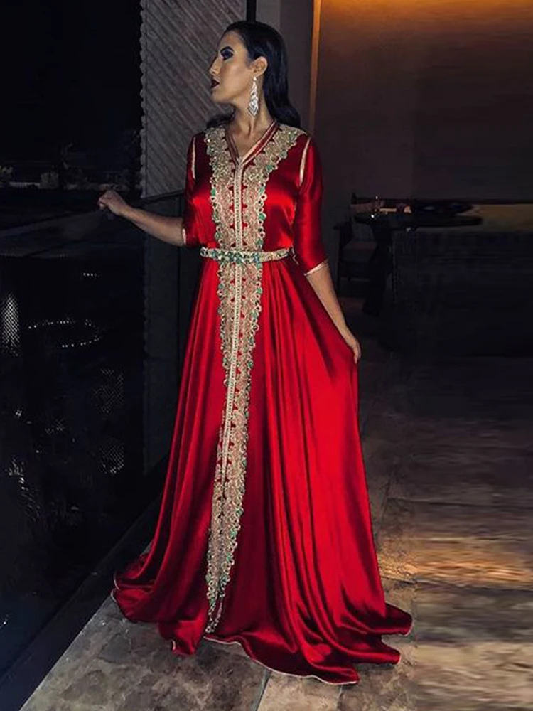 Lorie vestido de noche musulmán rojo satinado, caftán marroquí, encaje dorado, Media manga, Arabia Saudita, vestido de fiesta para ocasiones especiales, hecho a medida